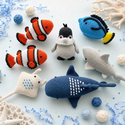 Crochet Sea Animals Pattern Vol. 1 (6 Characters: Clownfish, Blue Tang, Penguin, White Shark, Whale Shark & Manta Ray)
