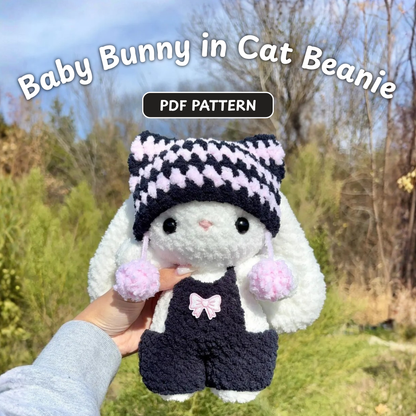 Crochet Cat Beanie Baby Bunny Pattern (With Removable Overalls &amp; Pom-Pom Beanie)