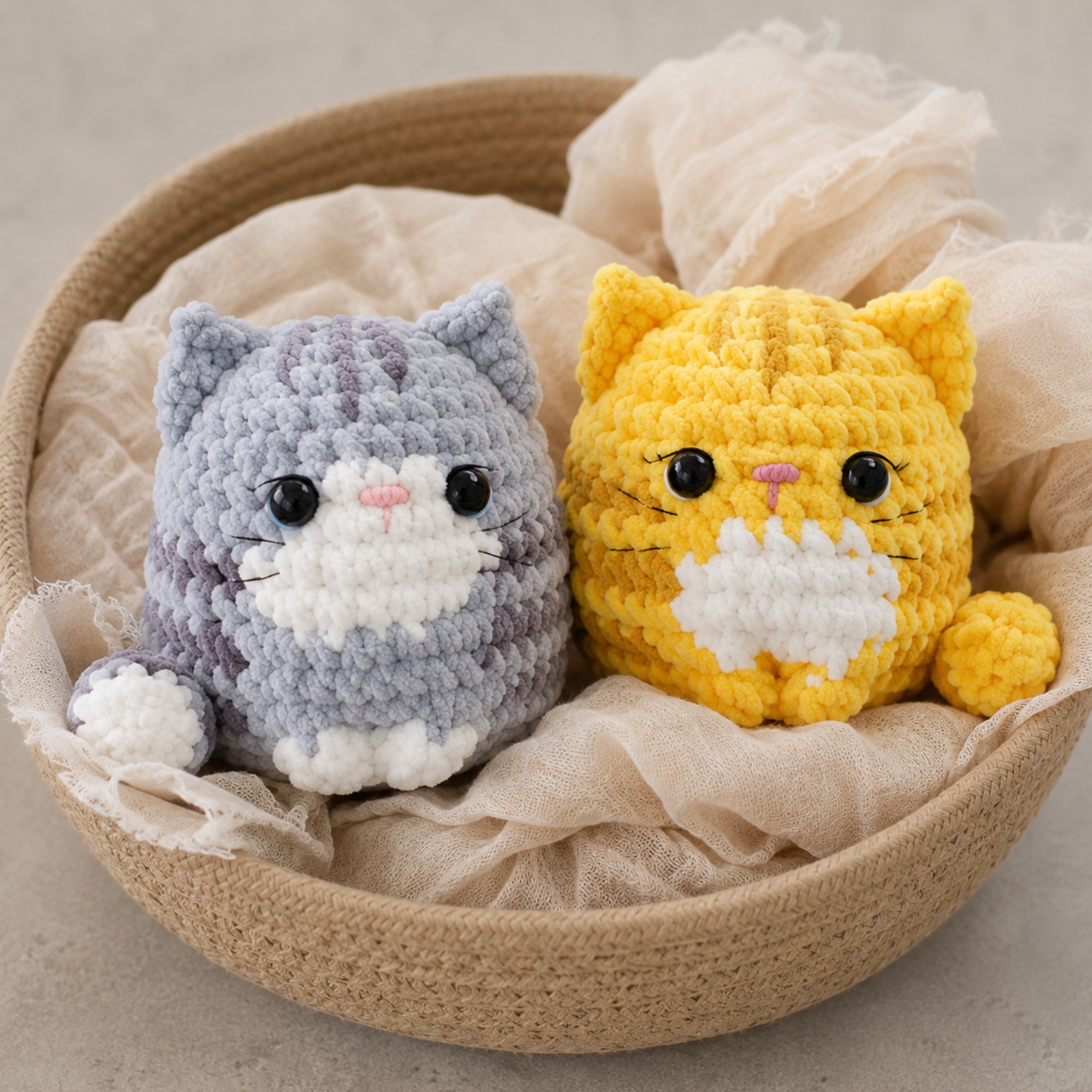 Crochet Floofcats Amigurumi Pattern (7-in-1 Bundle)(White, Calico, Orange, Siamese, Yellow, Grey, and Pink, approx. 9-10 cm each)