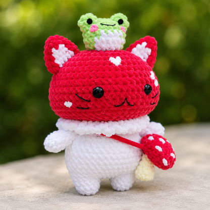Crochet Meow the Mushroom Cat Pattern (Chunky Amigurumi | Cat, Frog Companion & Mini Mushroom Bag Included)