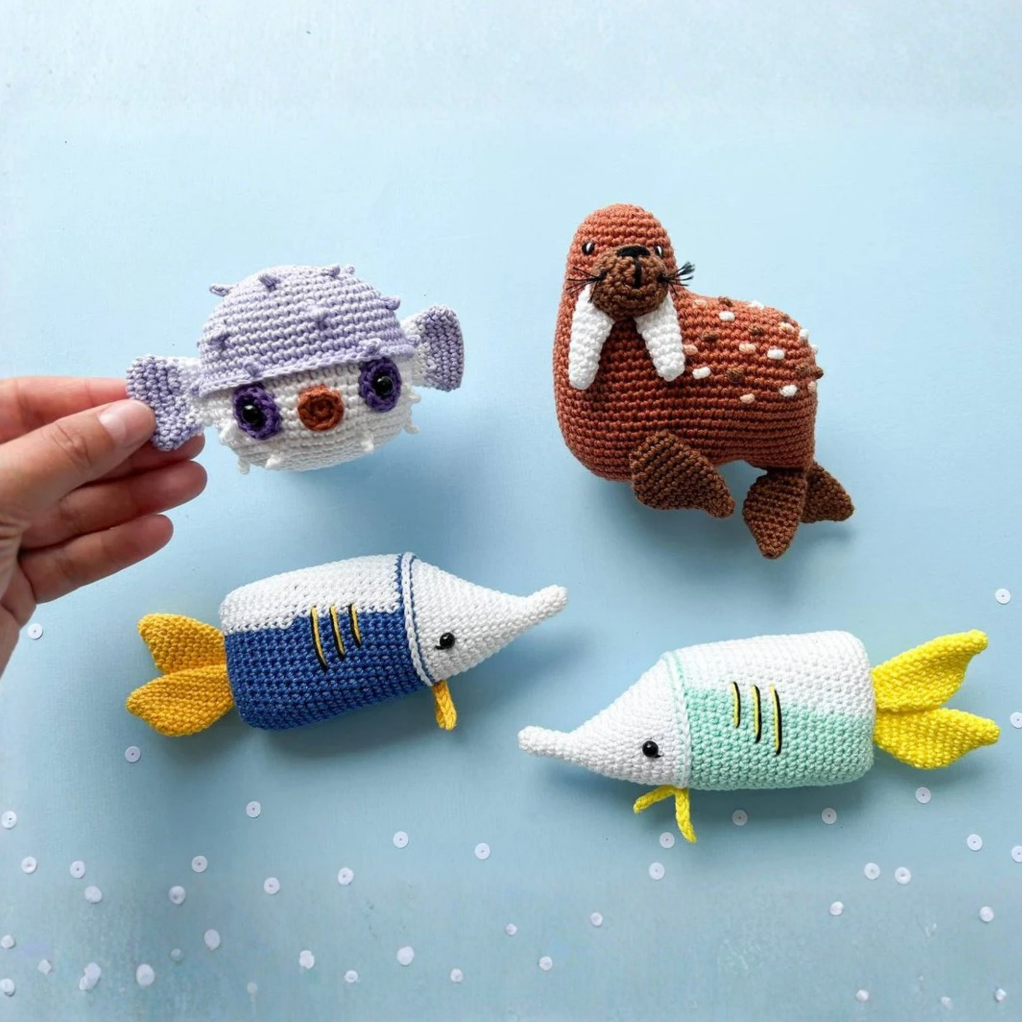 Crochet Sea Animals Amigurumi Pattern (6 Figures) Orca · Puffer Fish · Sailfish · Walrus · Seal · Crab