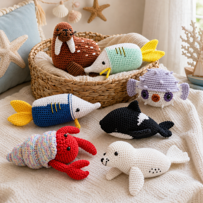 Crochet Sea Animals Amigurumi Pattern (6 Figures) Orca · Puffer Fish · Sailfish · Walrus · Seal · Crab