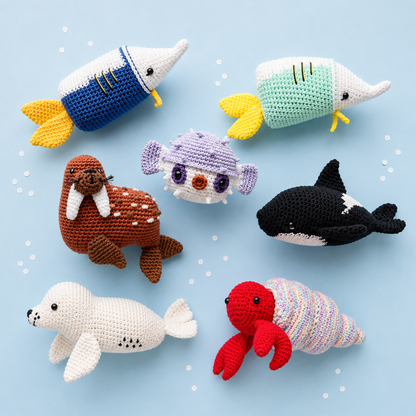 Crochet Sea Animals Amigurumi Pattern (6 Figures) Orca · Puffer Fish · Sailfish · Walrus · Seal · Crab